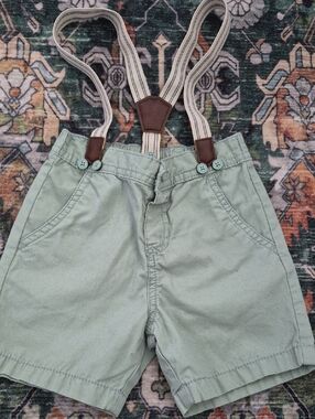 Light Sage Green Cotton Shorts with Striped Suspenders